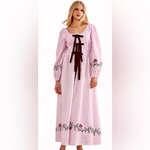 Damson Madder Pink Embroidered Prairie Cottagecore Milkmaid Midi Dress Size 12